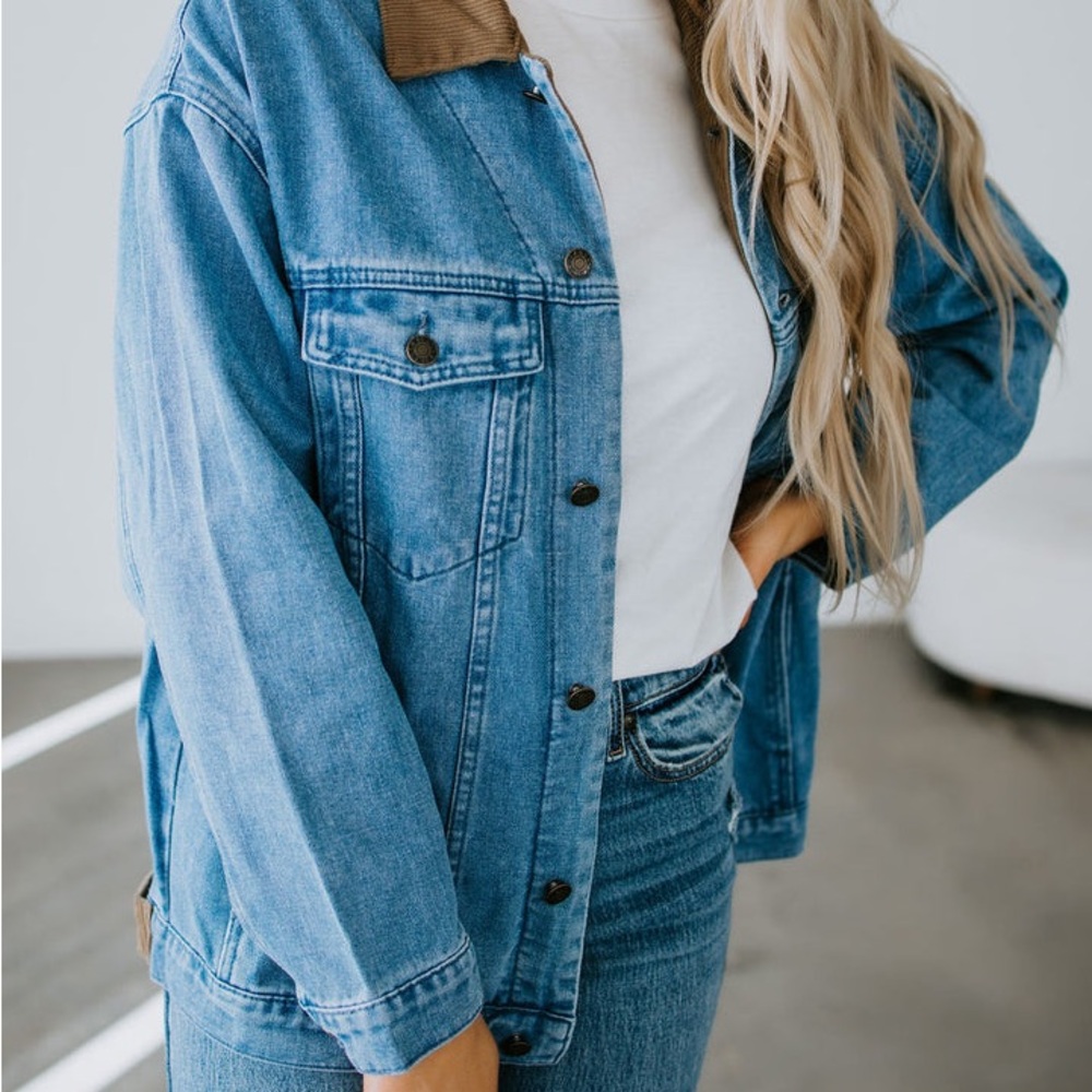 Blue Denim Jacket with Corduroy Collar